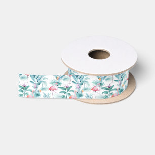 Ruban En Satin Flamants roses tropicaux feuille motif