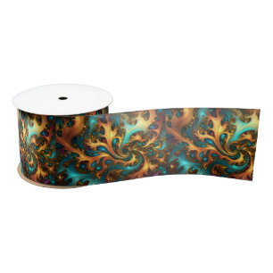 Ruban En Satin Flammes Abstraites or Turquoise orange,