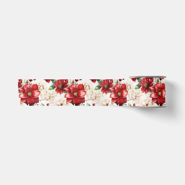 Ruban En Satin Fleur de Noël Poinsettia Motif vert rouge (Devant)