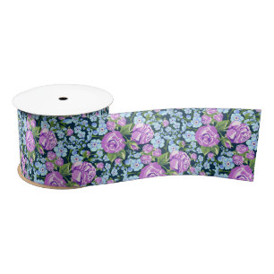Ruban En Satin Fleurs à motifs floraux en fleurs bleues violettes