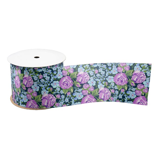 Ruban En Satin Fleurs à motifs floraux en fleurs bleues violettes (Bobine)