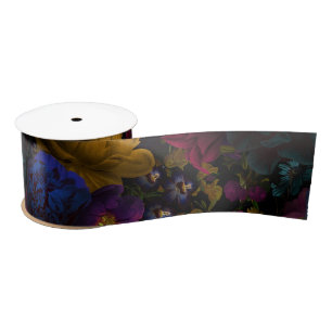 Ruban En Satin Fleurs antiques baroques luxuriantes sur le noir