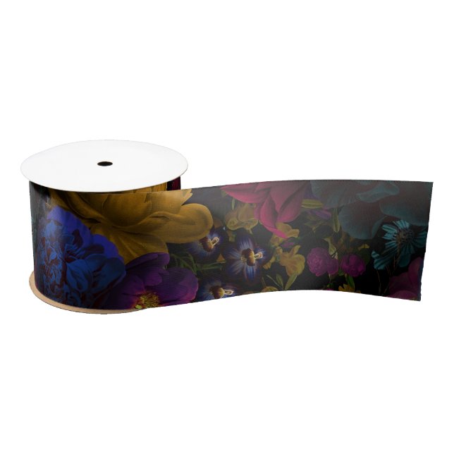 Ruban En Satin Fleurs antiques baroques luxuriantes sur le noir (Bobine)