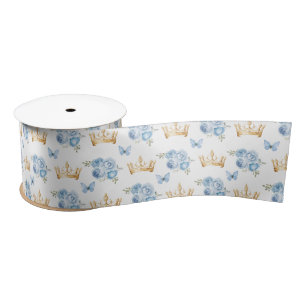 Ruban En Satin Fleurs Bleu Lilas et Couronnes d'Or