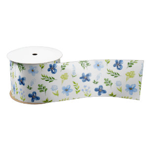 Ruban En Satin Fleurs bleu marine et bébé avec Motif de feuillage