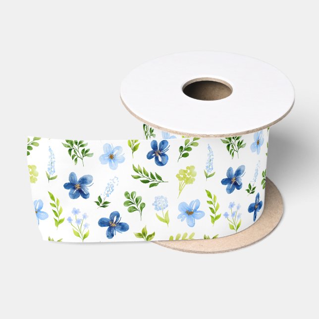 Ruban En Satin Fleurs bleu marine et bébé avec Motif de feuillage (Bobine)