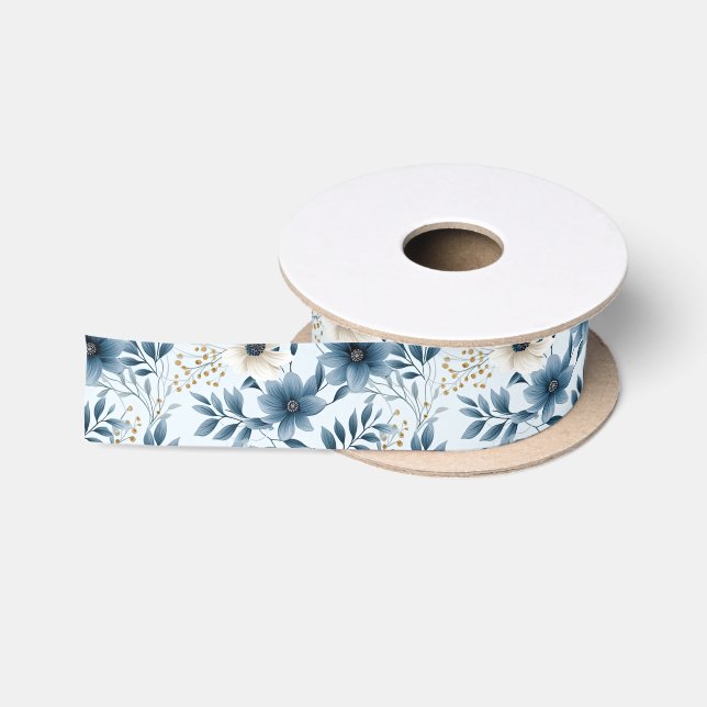 Ruban En Satin Fleurs bleues et beiges (Bobine)