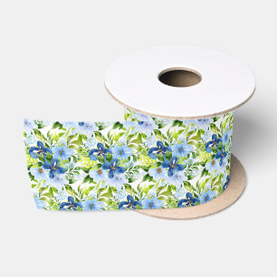 Ruban En Satin Fleurs bleues et bleu marine avec feuillage
