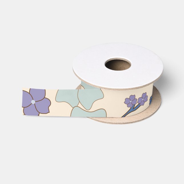 Ruban En Satin Fleurs Bleues, Fleurs Violettes, Motif Floral (Bobine)