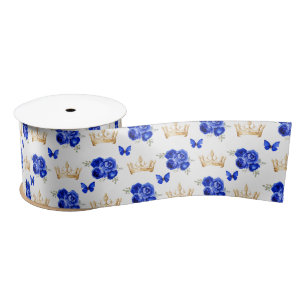 Ruban En Satin Fleurs bleues royales et Couronnes d'or