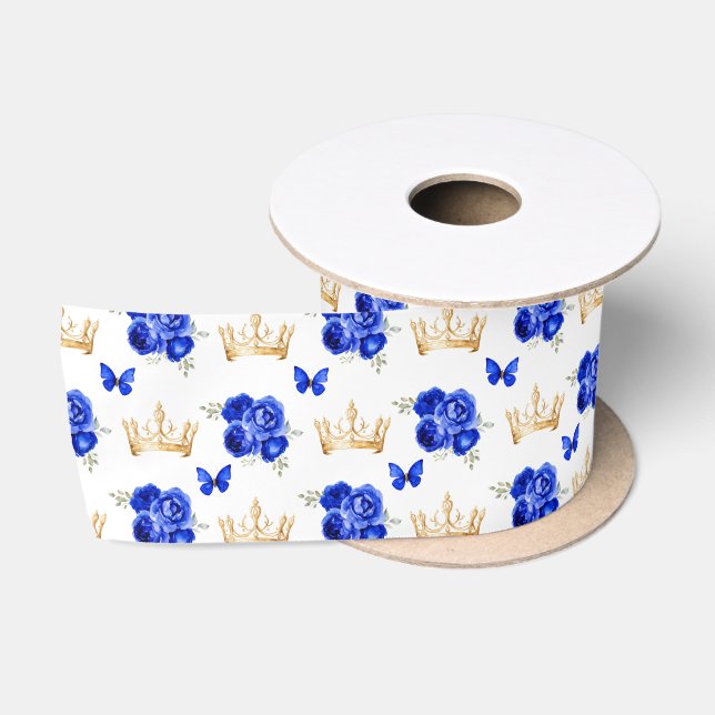 Ruban En Satin Fleurs bleues royales et Couronnes d'or (Bobine)