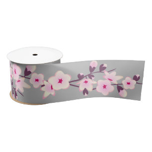 Ruban En Satin Fleurs de cerisier rose gris