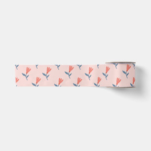 Ruban En Satin Fleurs de corail doux et motif de feuilles bleues