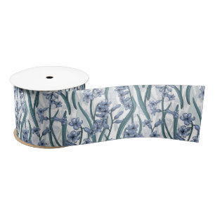 Ruban En Satin Fleurs de Hyacinth rose sur blanc naturel
