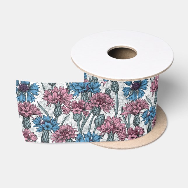Ruban En Satin Fleurs de maïs roses et bleues, fleurs sauvages su (Bobine)