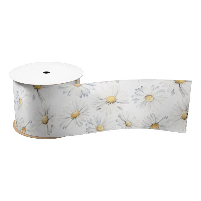 Ruban En Satin Fleurs de marguerite blanche fond modifiable coule (Bobine)