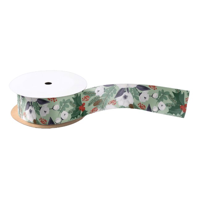 Ruban En Satin Fleurs de Noël blanches et motif de baies rouges (Bobine)