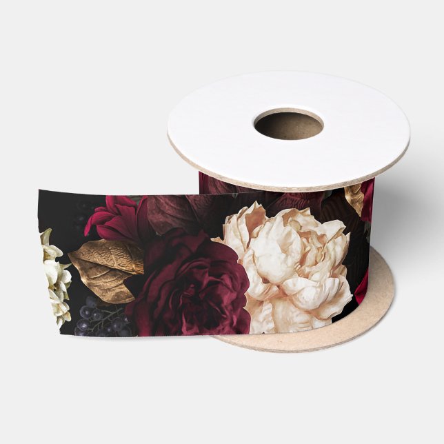 Ruban En Satin Fleurs de pivoines antiques baroques luxuriantes s (Bobine)