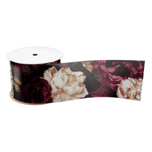 Ruban En Satin Fleurs de pivoines antiques baroques sur le noir