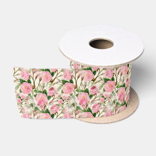 Ruban En Satin Fleurs de pivoines roses, Feuilles & Buds Motif