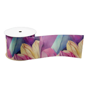 Ruban En Satin Fleurs de printemps peintes vibrant à l'aquarelle