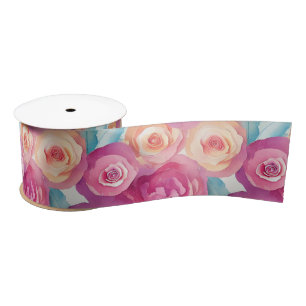Ruban En Satin Fleurs de printemps roses peintes vibrant aquarell