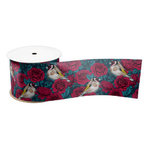 Ruban En Satin Fleurs de roses rouges et oiseaux d'or