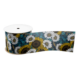 Ruban En Satin Fleurs de soleil et marguerites, jardin d'été 2