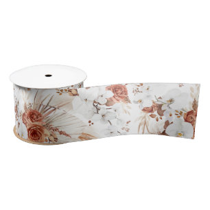 Ruban En Satin Fleurs de terre cuite et blanches Botanique Boho C