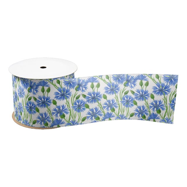Ruban En Satin Fleurs d'eau bleu, fleurs sauvages sur blanc (Bobine)