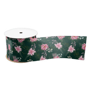Ruban En Satin Fleurs d'Euphorbe Rose sur Fond Vert Foncé