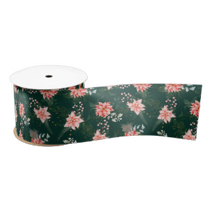 Ruban En Satin Fleurs d'Euphorbe Rouge sur Fond Vert Foncé