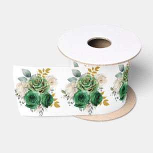 Ruban En Satin Fleurs Élégantes Vert Foncé et Or