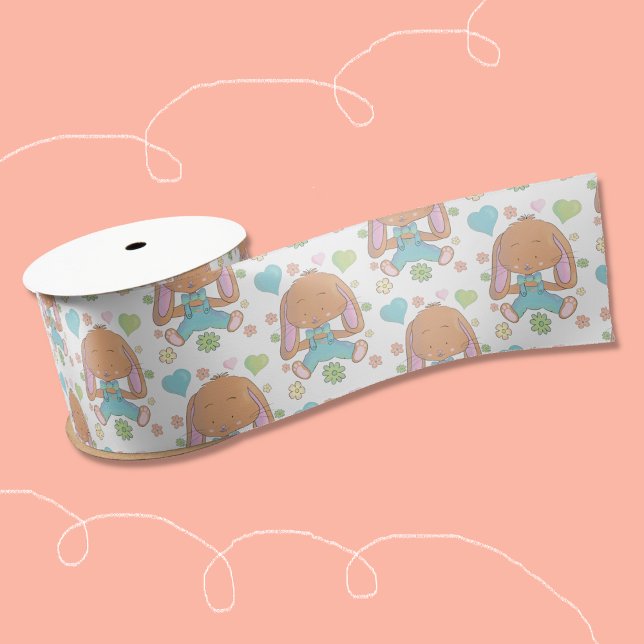 Ruban En Satin Fleurs et coeurs de lapin de Pâques Ruban blanc (Sweet watercolor bunny pattern white ribbon for Easter or baby shower baskets embellishments .)