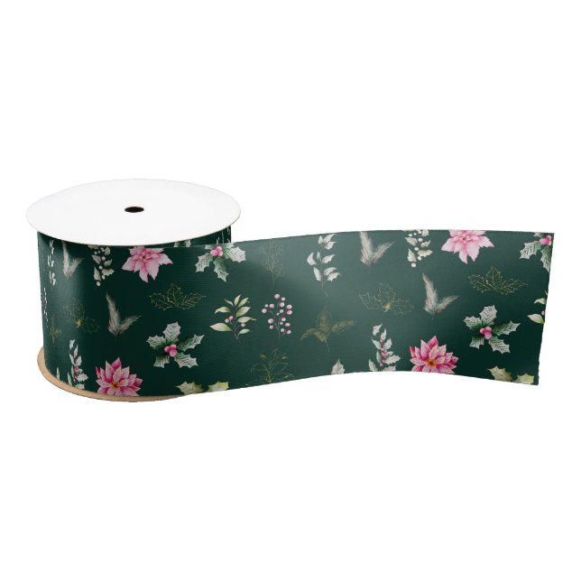 Ruban En Satin Fleurs et feuillage rose Poinsettia sur Vert foncé (Bobine)