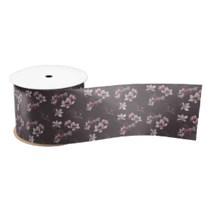 Ruban En Satin Fleurs et oiseaux aquarelle bordeaux poussiéreux d