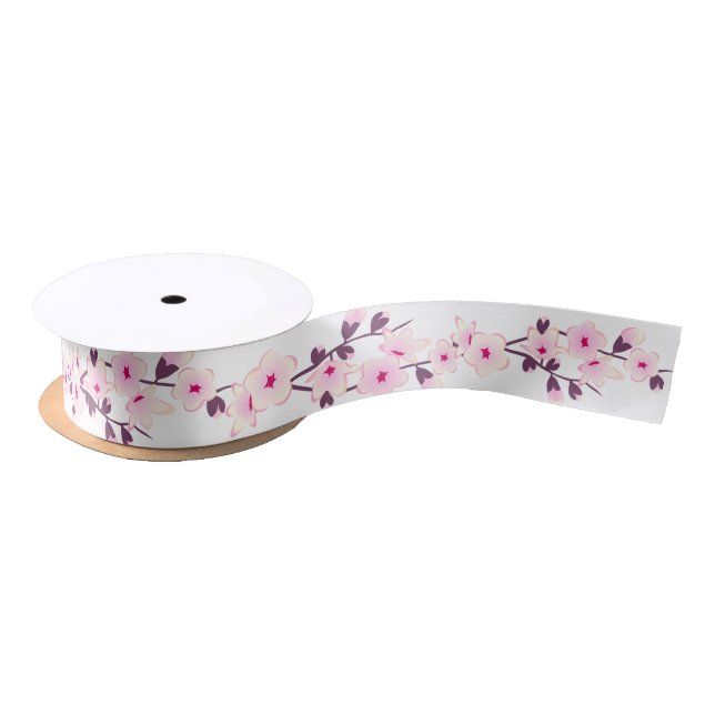 Ruban En Satin Fleurs florales de cerisier blanc rose (Bobine)