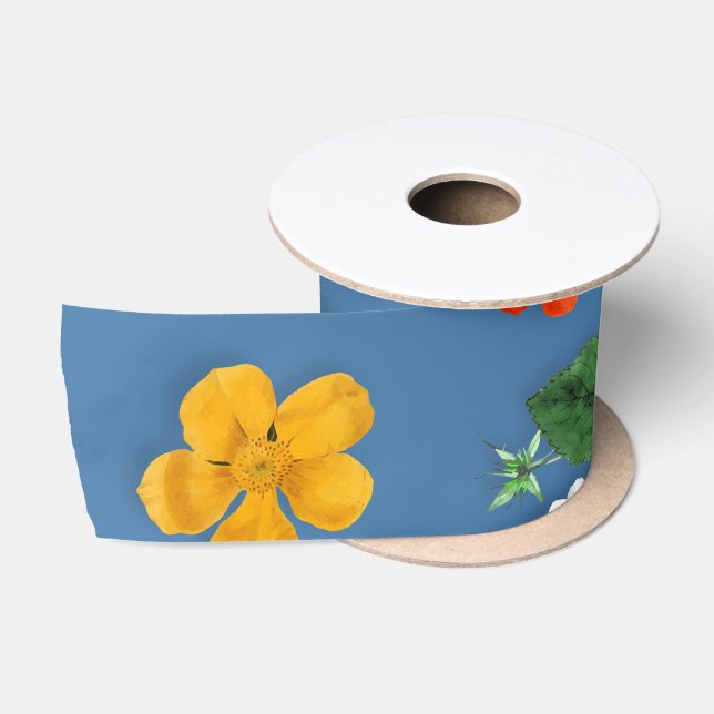 Ruban En Satin Fleurs jaunes et roses blanches 23 (Bobine)