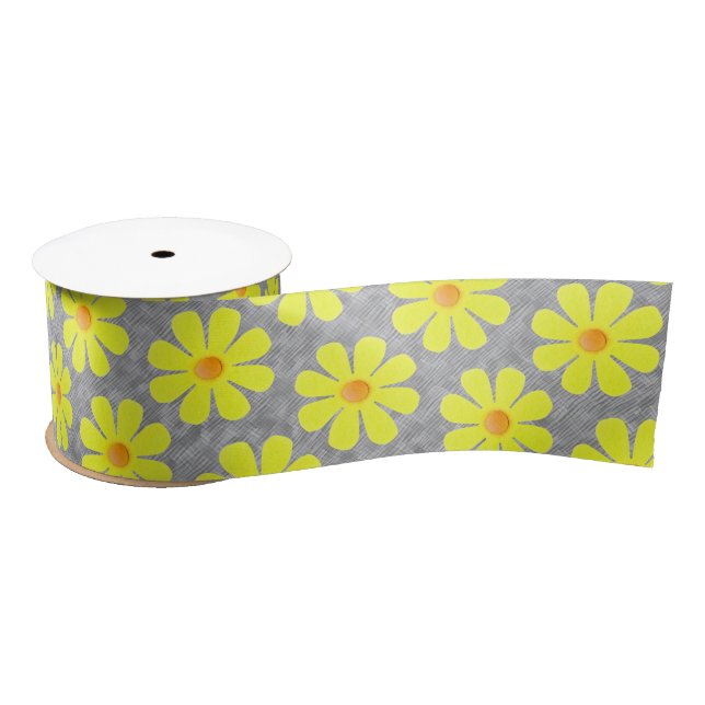 Ruban En Satin Fleurs jaunes Sprin sur arrière - plan gris (Bobine)