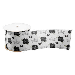 Ruban En Satin Fleurs noires et couronnes d'argent