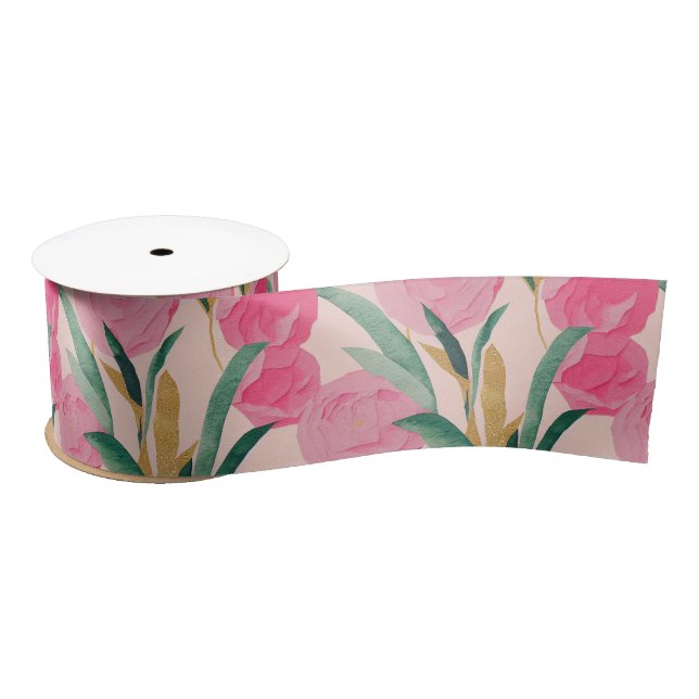 Ruban En Satin Fleurs roses (Bobine)