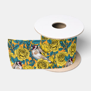 Ruban En Satin Fleurs roses et oiseaux dorés