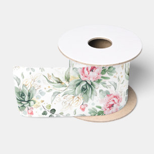 Ruban En Satin Fleurs roses et succulents Verdure Elégant Boho