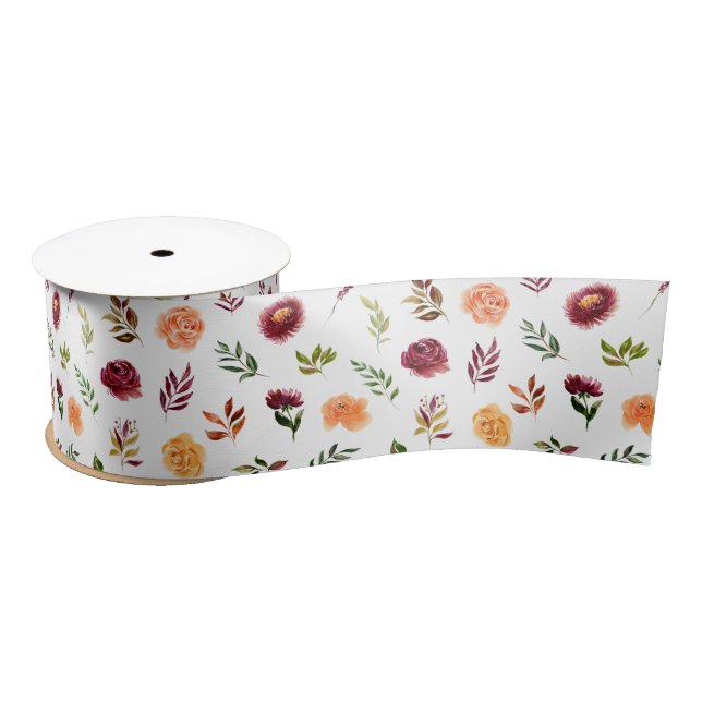 Ruban En Satin Fleurs rouges et orange avec motif de feuillage (Bobine)
