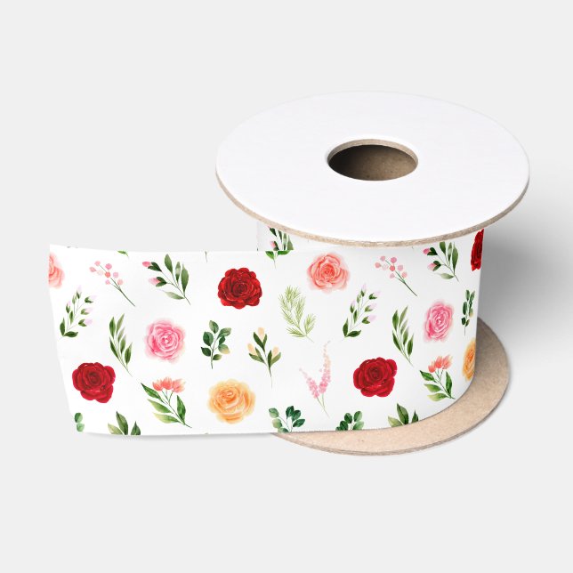 Ruban En Satin Fleurs rouges et oranges avec motif de feuillage (Bobine)
