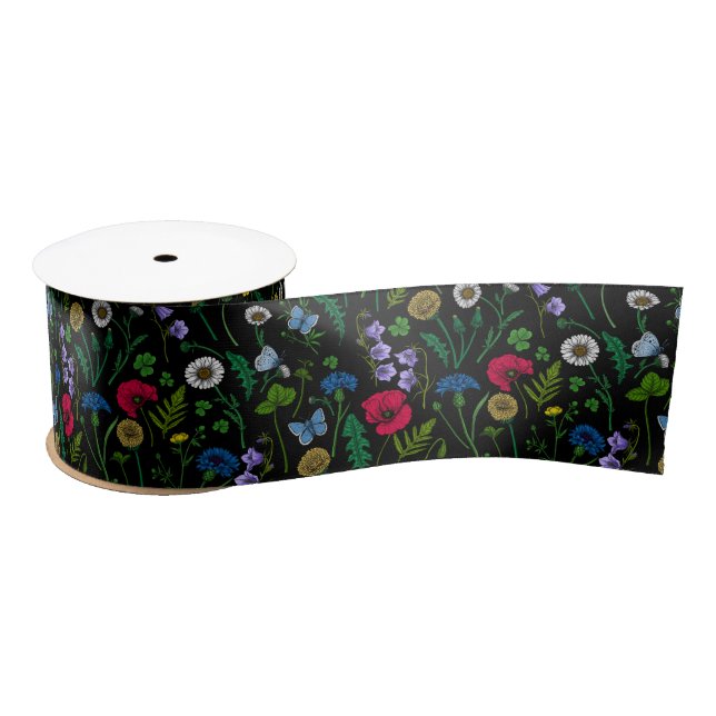 Ruban En Satin Fleurs sauvages en noir (Bobine)
