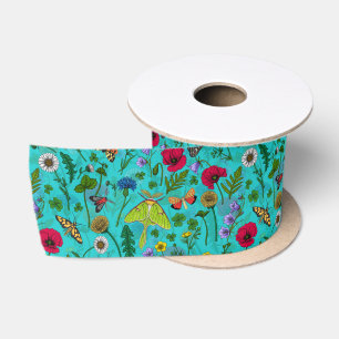 Ruban En Satin Fleurs sauvages et papillons de nuit sur turquoise