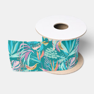 Ruban En Satin Fleurs tropicales colorées et motif feuille