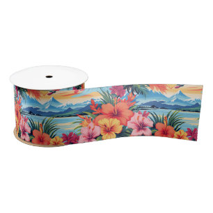 Ruban En Satin Fleurs tropicales colorées et paysage