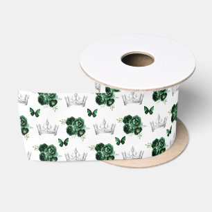 Ruban En Satin Fleurs vert foncé et couronnes argentées